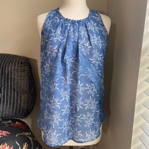 Lily White Flowing Blue White Floral Racerback Style Tank Blouse OS Medium
